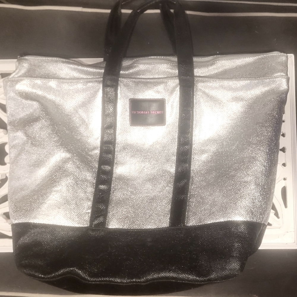 Large Metallic Silver and Black Victoria's Secret tote